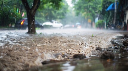 Intense Torrential Downpour in an Urban Landscape, Capturing the Dramatic Impact of a Severe Rainstorm