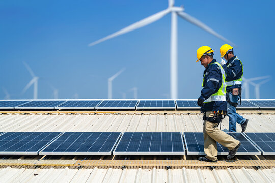 Worker Technicians are working to construct solar panels system on roof with wind turbine on background. Installing solar photovoltaic panel system. Renewable clean energy technology concept.