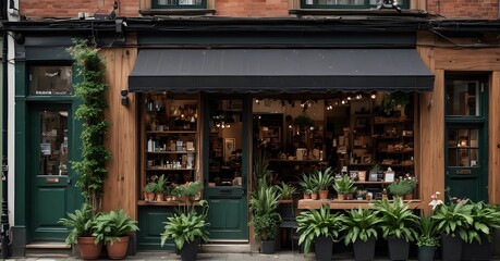 A European Green Vintage Boutique Storefront with a Traditional Wooden with Potted Plants and Flowers. Traveling concepts