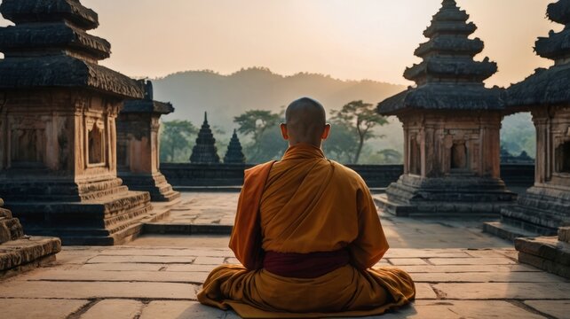 Monk meditating, searching for peace