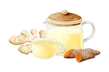Watercolor ginger herbal tea in glass teapot with turmeric roots watercolor illustration isolated on white background. Hand drawn organic antioxidant hot beverage clipart with curcumin