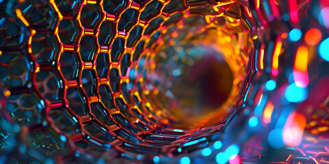 Inside a Colorful Carbon Nanotube Structure
Abstract View of Nanotube Interior with Glowing Lights
Dynamic Visualization of Carbon Nanotube Interior