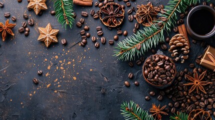 Top view Christmas background with decorations and coffee beans on dark concrete wall
