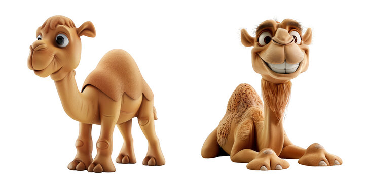 Set of Two cartoon camels, one standing, one lying down, with friendly expressions, isolated on PNG transparent background