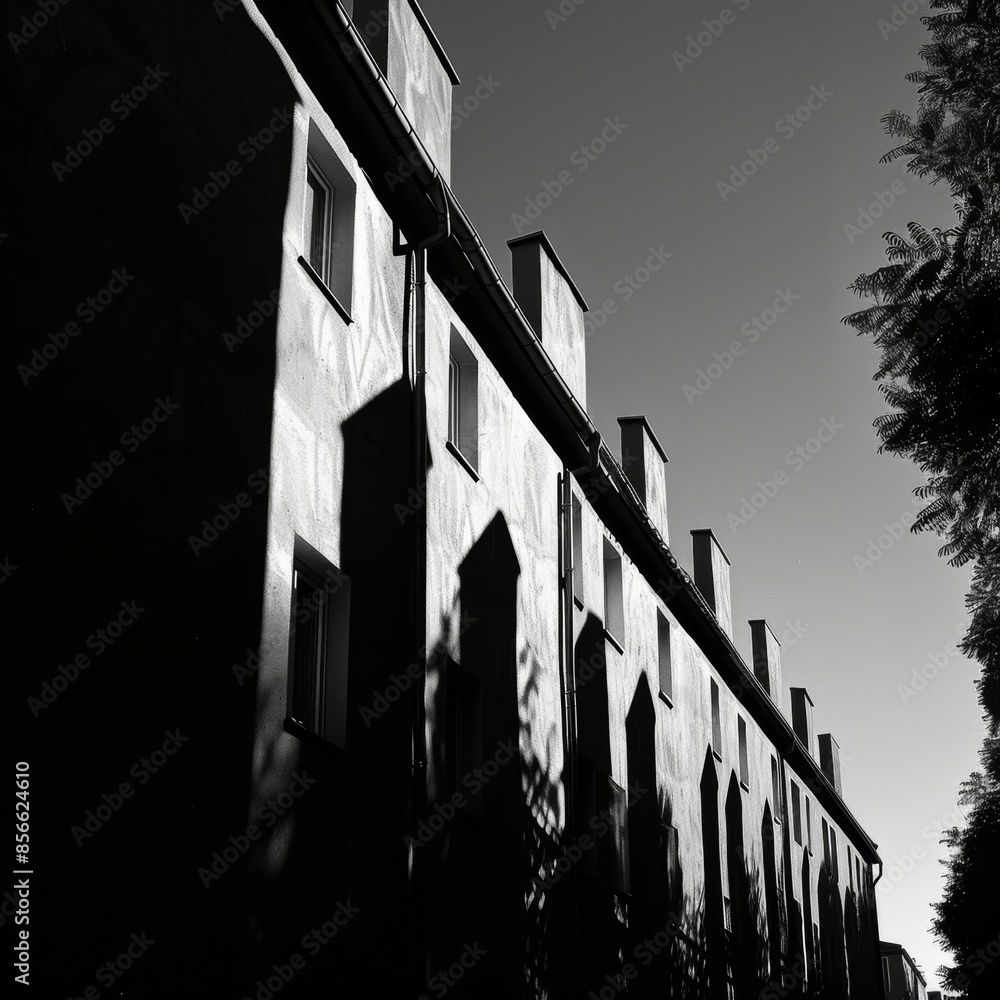 Poster shadows stretch across a row of buildings creating a unique and abstract shape against the evening s