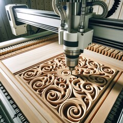 CNC milling machine working on wood in workshop, closeup