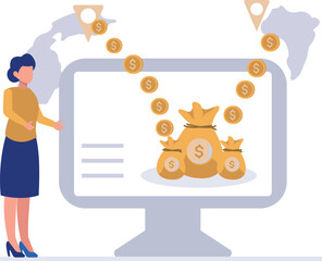 The girl is showing a bag of dollars on the monitor.
