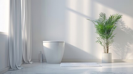 A contemporary minimalist white bathroom features a sleek toilet bowl against a pristine backdrop. Subtle decor elements such as a small potted plant and a neatly folded towel add a touch of