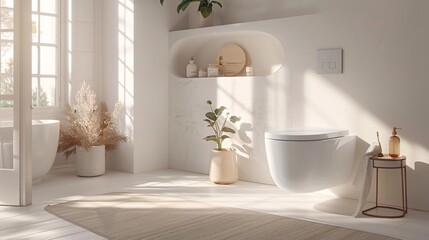 In a bright and airy white bathroom, a modern toilet bowl is the focal point amidst clean lines and minimalist decor. A stylish shelf with a few carefully chosen accessories enhances the serene