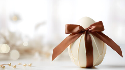 Elegant white chocolate egg adorned with a brown ribbon on a soft-focus background, symbolizing luxury and celebration. Concept of gourmet confectionery and festive gifting.
