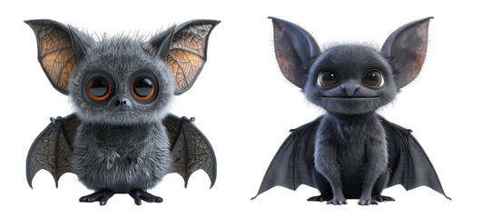 Fototapeta premium Set of Two cute cartoon bats with big eyes and wings, isolated on PNG transparent background