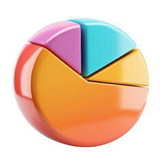 Obraz premium A colorful pie chart divided into four sections, representing data or percentages. The chart is rendered in a 3D style with a glossy finish, isolated on PNG transparent background