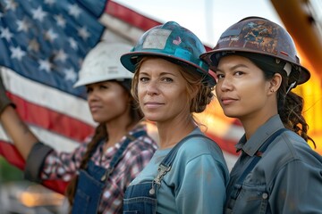 Fototapeta premium Female workers with American flag, Labor Day celebration