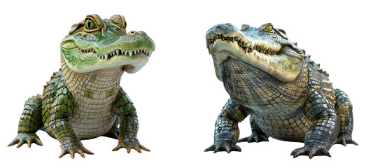 Set of Two crocodiles, one green, one brown, are facing each other, isolated on PNG transparent background