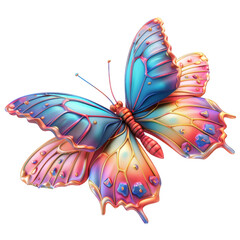 Obraz premium A vibrant butterfly with iridescent wings in shades of blue, pink, and gold. The butterfly is in flight, its wings spread wide, isolated on PNG transparent background