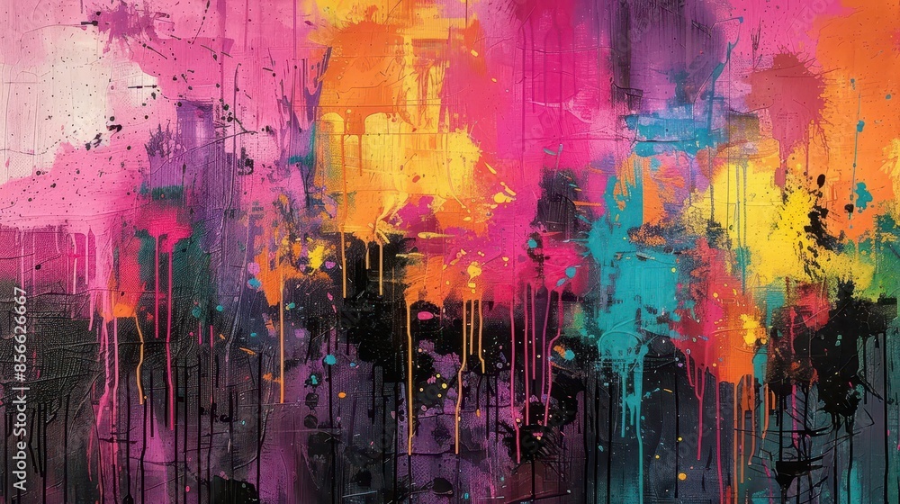 Poster abstract art with bold, colorful splashes and drips on a textured canvas is a beautiful display of a