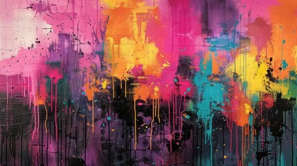 Abstract art with bold, colorful splashes and drips on a textured canvas is a beautiful display of artistic expression.