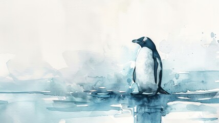 Fototapeta premium Watercolor Illustration of a Penguin in a Misty Environment. Subdued Palette and Serene Atmosphere.