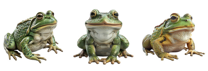 Set of Three green frogs sitting on a black background, isolated on PNG transparent background