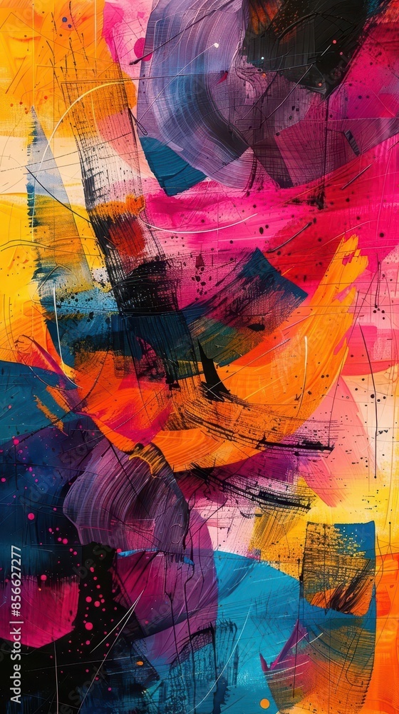 Poster abstract art with vibrant colors blending into a minimalistic design on a textured paper backdrop cr