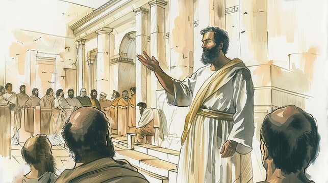 Apostle Paul Preaching in Corinth Synagogue, Blending Cultures with Detailed Architecture, Biblical Illustration, Beige Background, Copyspace