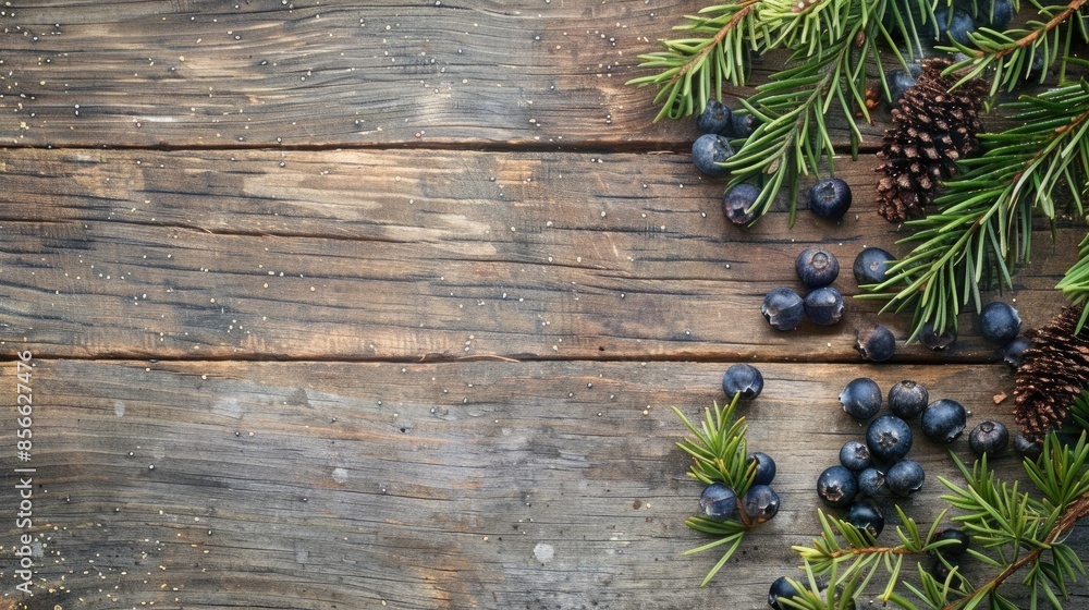 Poster juniper branches and seeds displayed on aged wooden surface from above with empty area for text