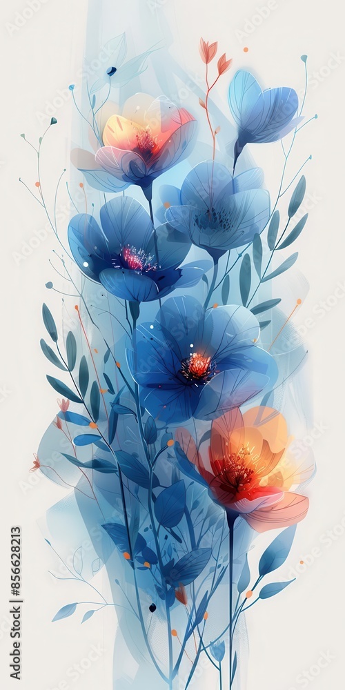 Poster charming cute elements in a minimalistic style with delicate line work and soothing blue tones bring