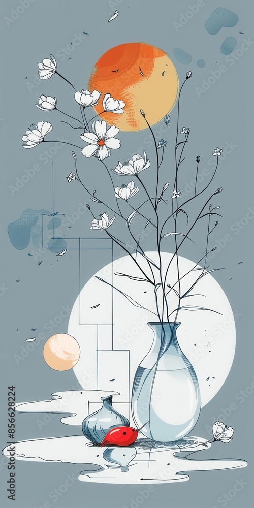 Poster charming cute elements in a minimalistic style with fine line work and soothing blue tones create an