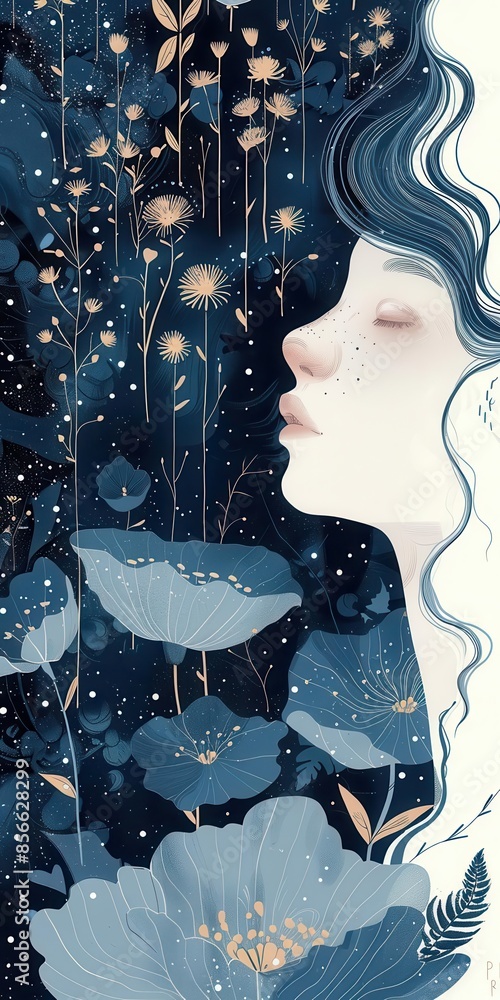 Poster charming cute elements in a minimalistic style with fine line work and calming blue hues