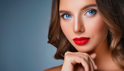 Fototapeta premium studio macro portrait of a beauty with a red lips and blue eyes; half face, one hand on the chin expression looking to camera seriously