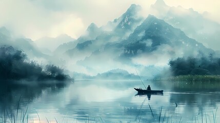 Green grass mountains lake fishing boat illustration poster background