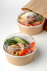 Take out poke bowls with craft bag isolated on white background