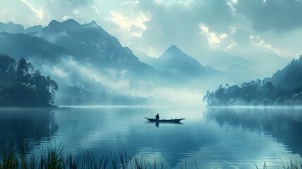 Green grass mountains lake fishing boat illustration poster background