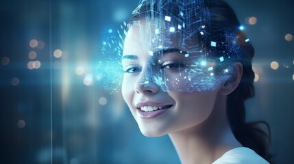 AI woman with half of her face as a hologram is smiling, background is space, fantasy, realistic