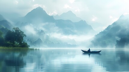 Green grass mountains lake fishing boat illustration poster background