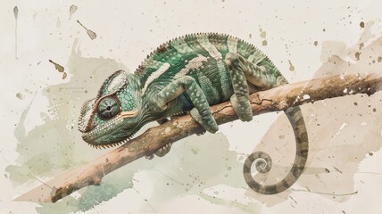 Watercolor Illustration of a Chameleon Perched on a Branch. Subtle Greens and Browns Create a Tranquil Scene with a Light Background.