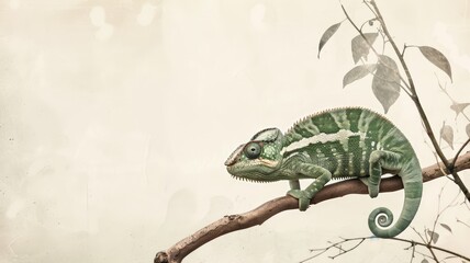 Watercolor Illustration of a Chameleon with Delicate Details. Subtle Greens and Browns Enhance the Minimalist Design on a Light Background.