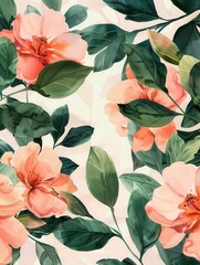 Elegant wallpaper with lush greenery and soft pink pastel shades, designed with a watercolor technique