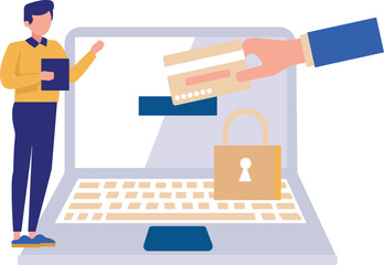 The boy is paying online on laptop