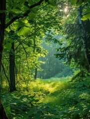 Obraz premium Lush green forest with sunlight filtering through the leaves, creating dappled shadows
