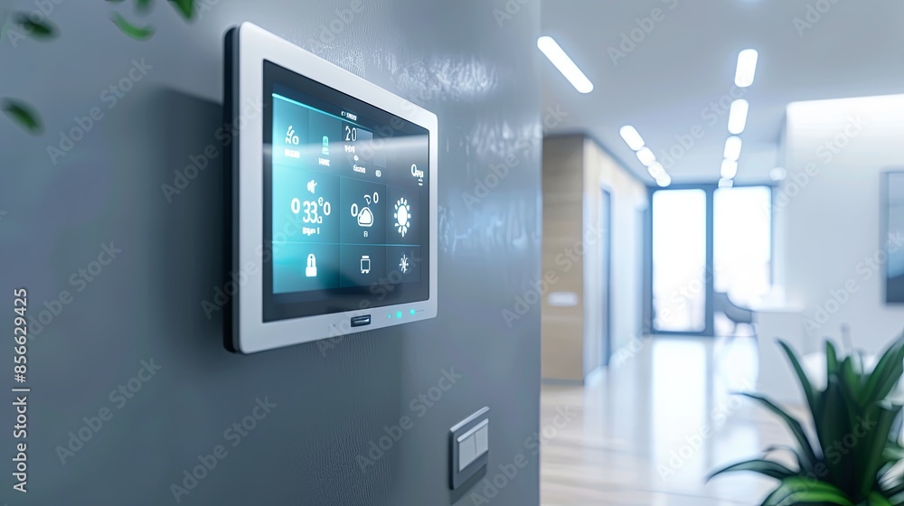 Poster In a smart home, a sleek control panel with a touchscreen interface on the wall provides easy access to home automation options like lighting, security, and climate. Generative AI