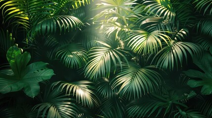 Lush green palm leaves swaying gently in the sunlight, casting intricate patterns of shadow and light.