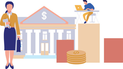 The girl is standing in front of the bank building.