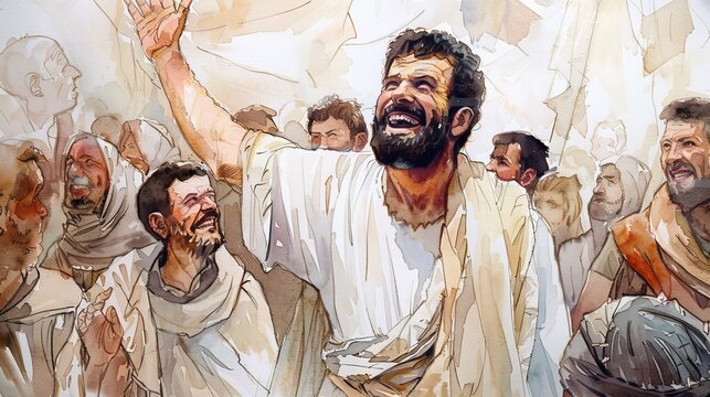 Joyful Apostle Barnabas at Community Feast in Cyprus, Celebrating Mission Success, Lively Group of Converts, Biblical Illustration, Beige Background, Copyspace