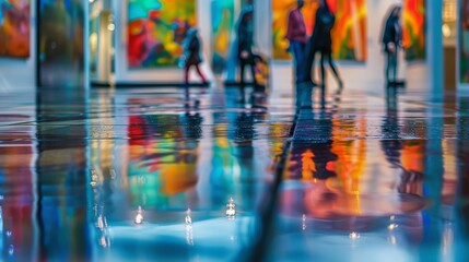 Blurry reflections of the art pieces can be seen on the polished floors adding an extra dimension to the exhibit.