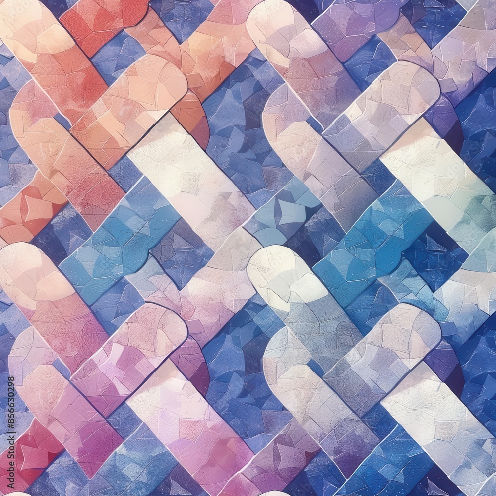 Poster pattern design with interlocking geometric shapes in pastel colors on a textured background, creatin