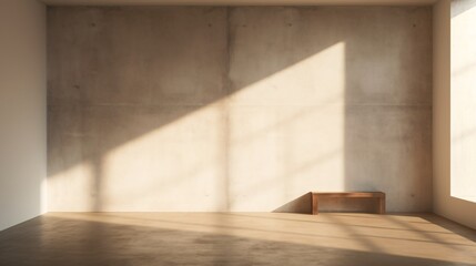 a wooden bench in a room with a light coming through the wall