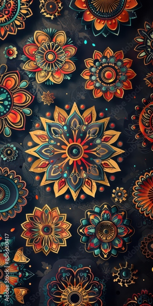 Poster the intricate mandalas on a dark background pop with vibrant colors in this pattern design.
