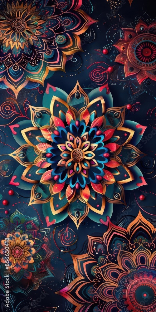 Poster pattern design with intricate mandalas in vibrant colors on a dark background creates a mesmerizing 