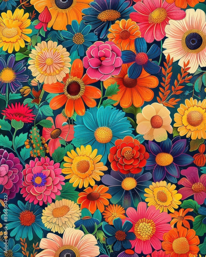 Poster pattern design with intricate mandalas in vibrant colors on a dark background, creating a mesmerizin